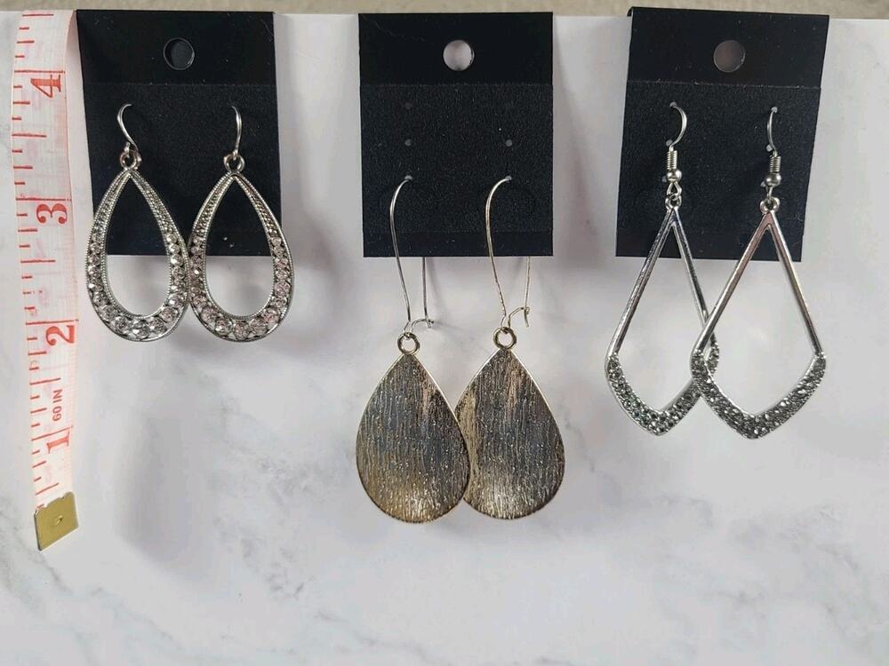 Vintage Silver Tone Dangle Earrings Lot 3 Pairs Rhinestone Teardrop Pierced